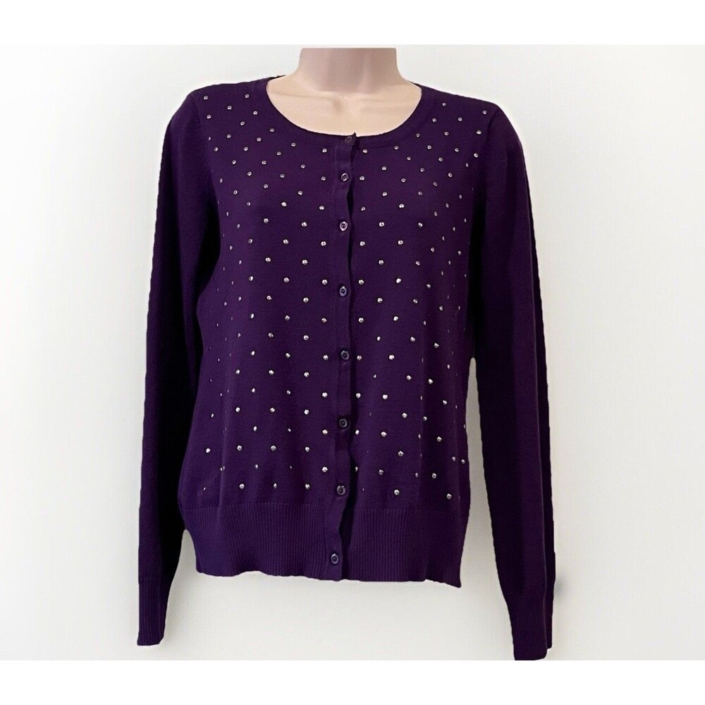 Karen Scott Silver Studded Cardigan Sweater Womens XS Purple Office Siren Corp